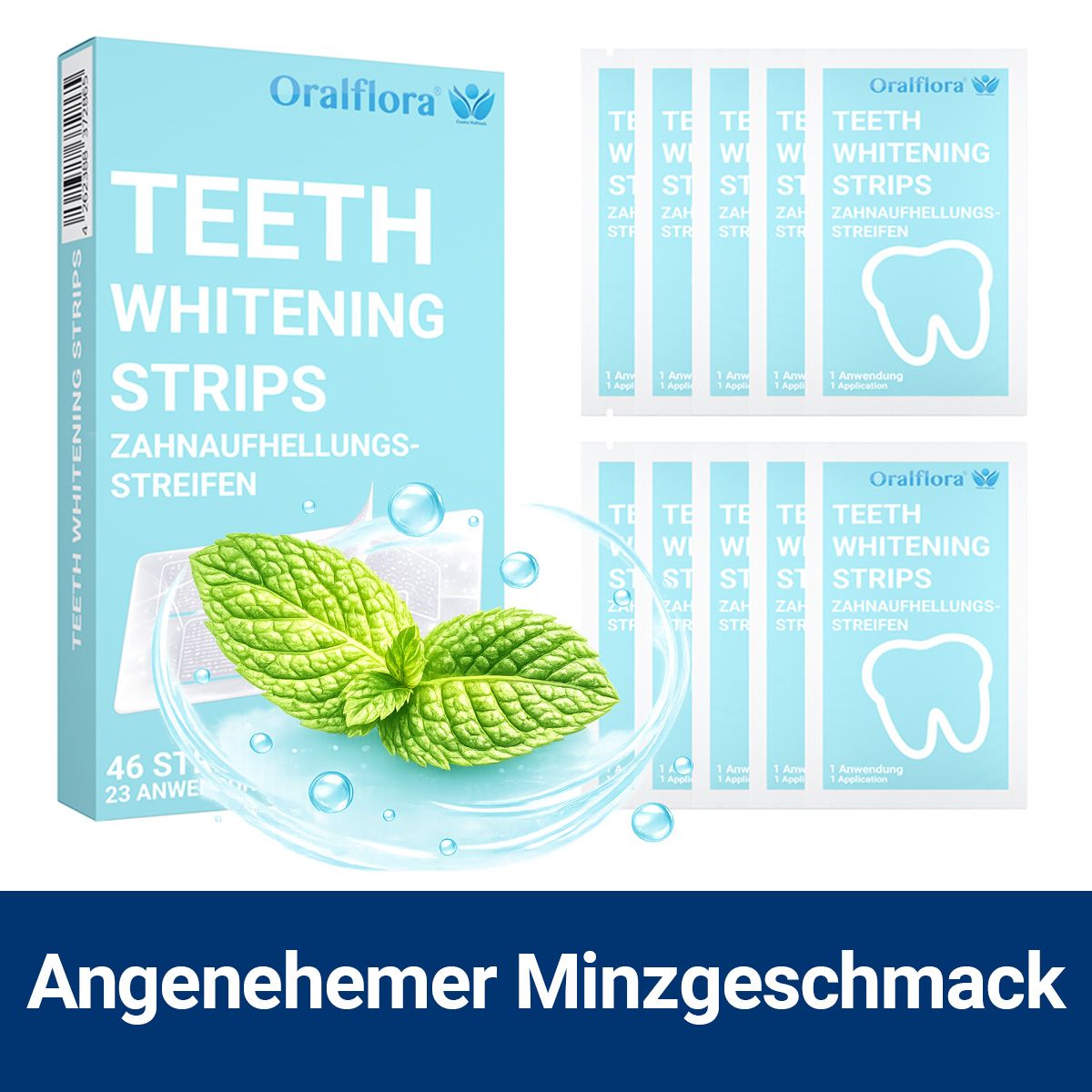 Packung und Einzelverpackungen von Zahnaufhellungsstreifen. Aufschrift: Teeth Whitening Strips, 46 Streifen, Angenehmer Minzgeschmack.