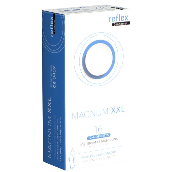 Verpackung mit Kondomen. Aufschrift: Magnum XXL, 16 Stück, Marke Reflex.
