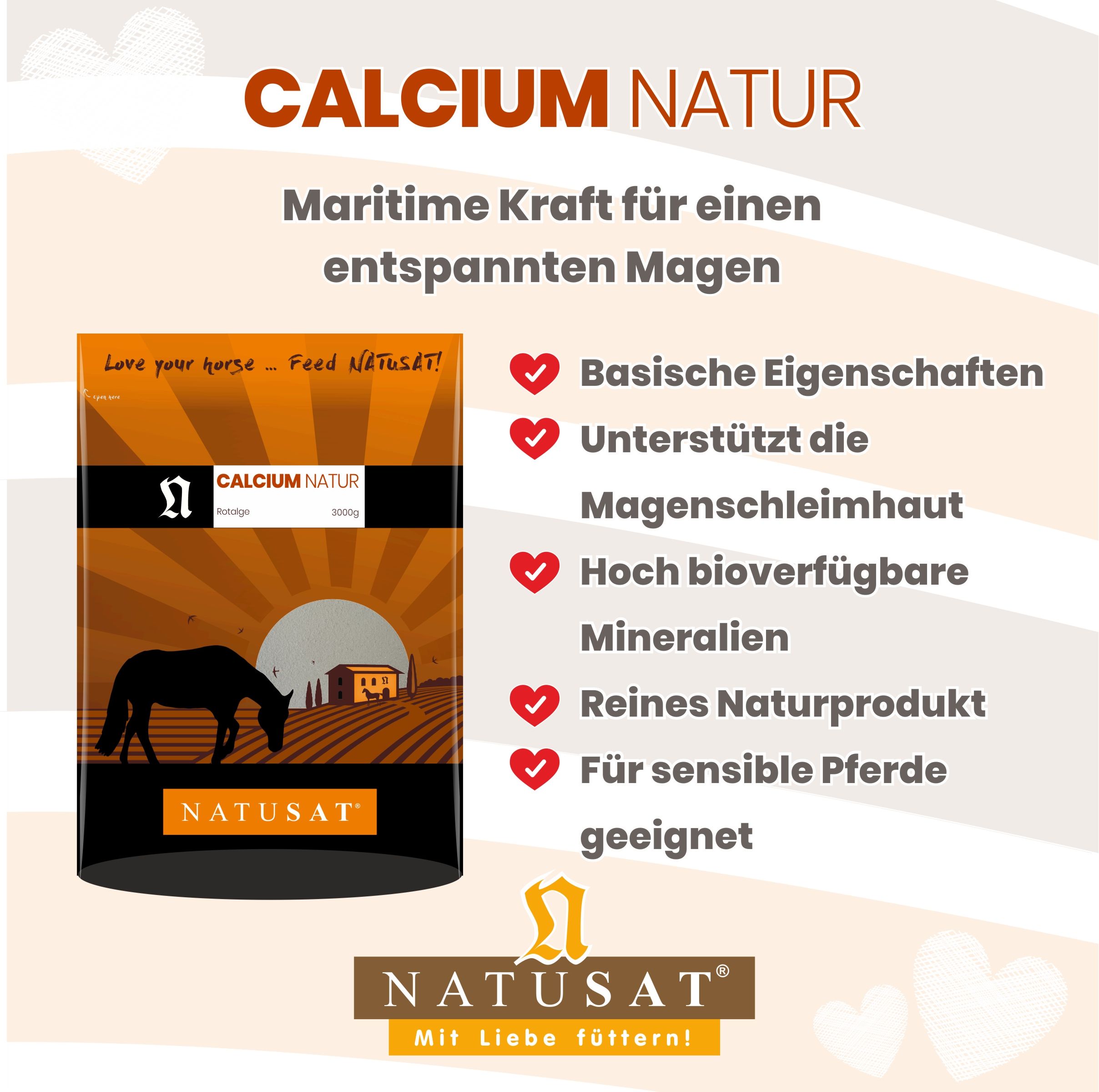 Natusat Calcium Natur Produkt mit Liste von Eigenschaften.