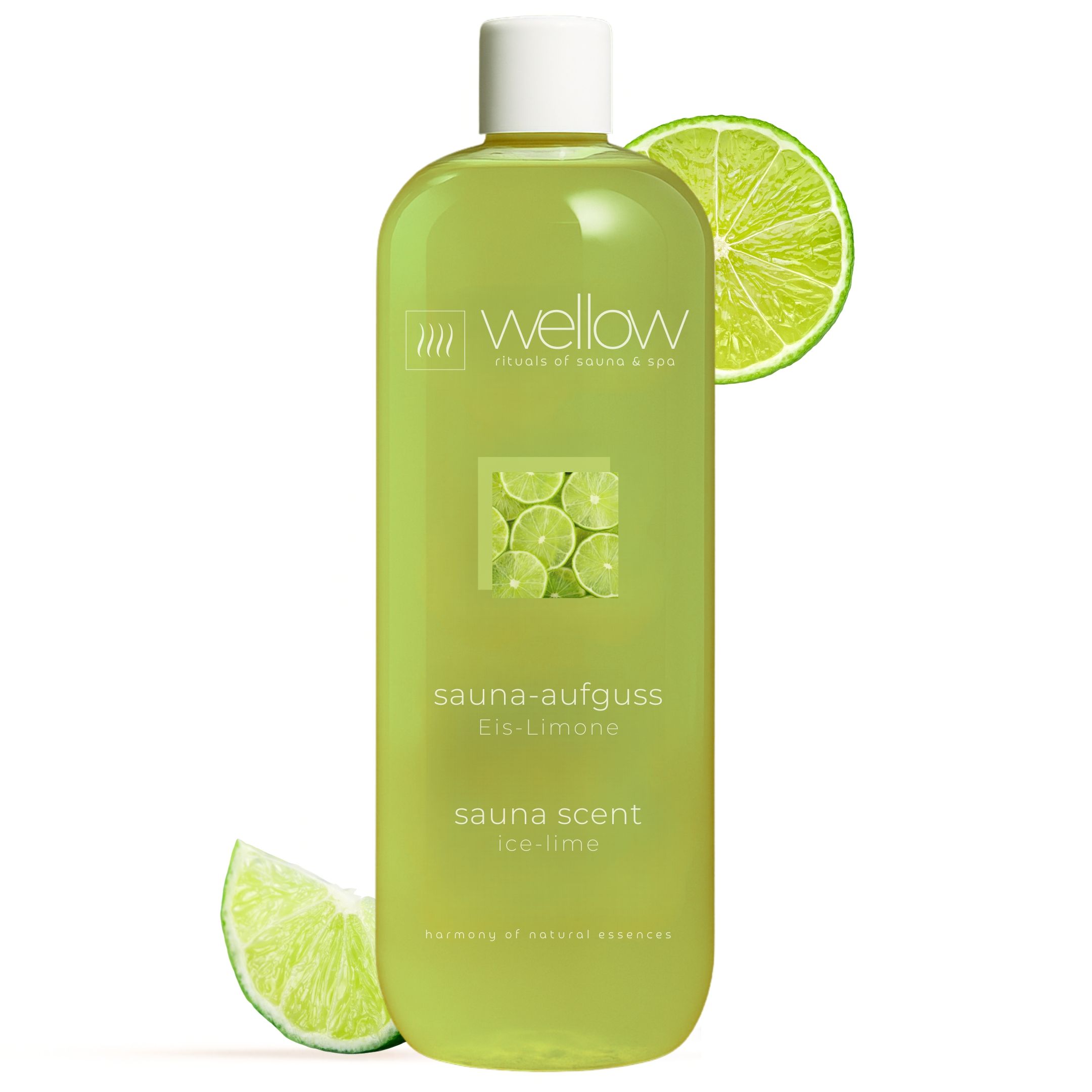 Grüne Flasche mit weißem Deckel. Aufschrift: Sauna-Aufguss Eis-Limone. Limettenscheiben und -hälfte.