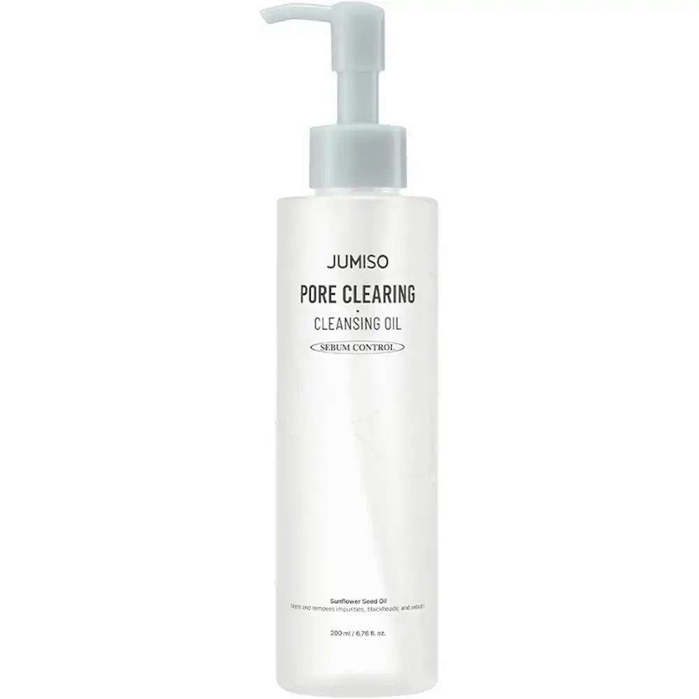 Klarflasche mit Pumpe. Aufschrift: JUMISO PORE CLEARING CLEANSING OIL. Serum Control. 200 ml.