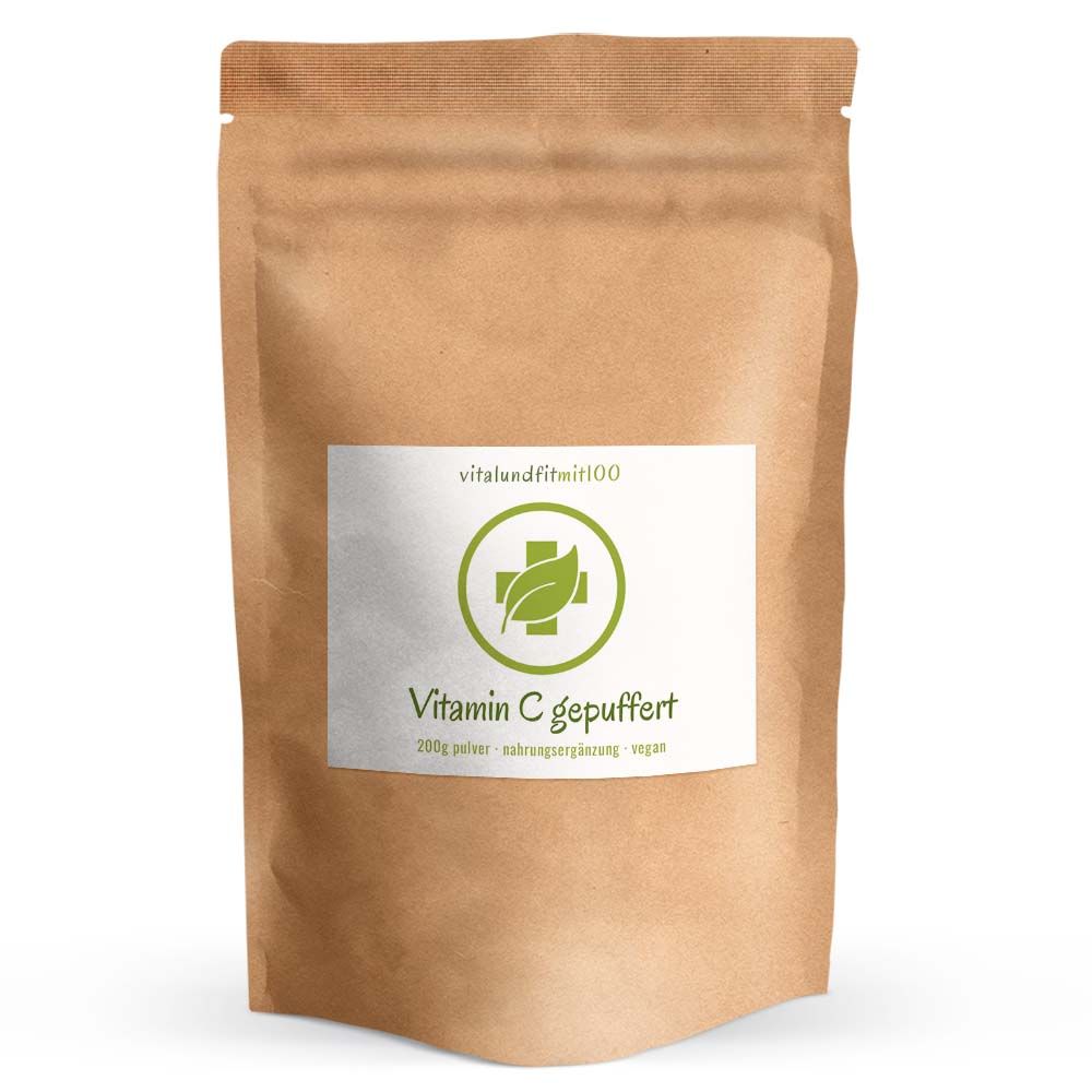 Braune Papiertüte mit weißem Etikett. Aufschrift: Vitamin C gepuffert. Logo mit Blatt.