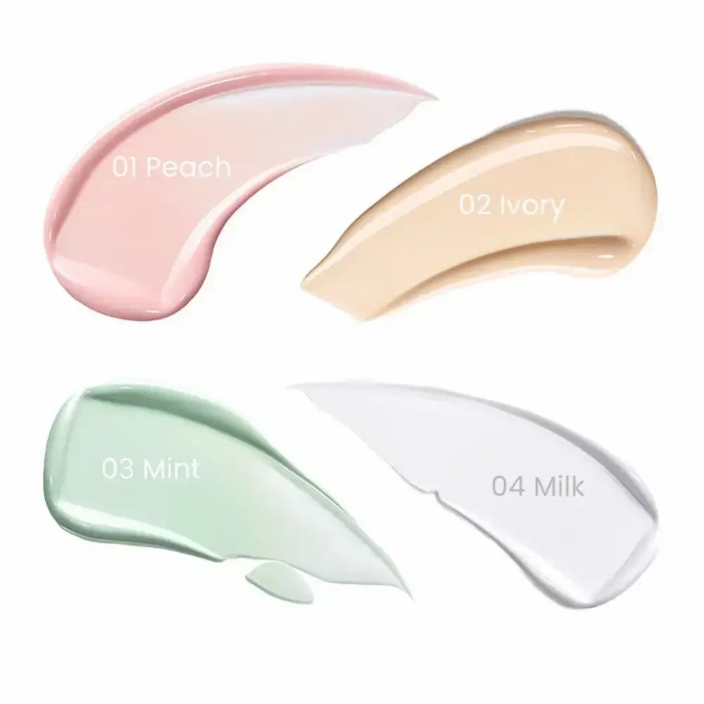 Make-up-Grundierungsproben in verschiedenen Farben: 01 Peach, 02 Ivory, 03 Mint, 04 Milk. Farbverläufe.