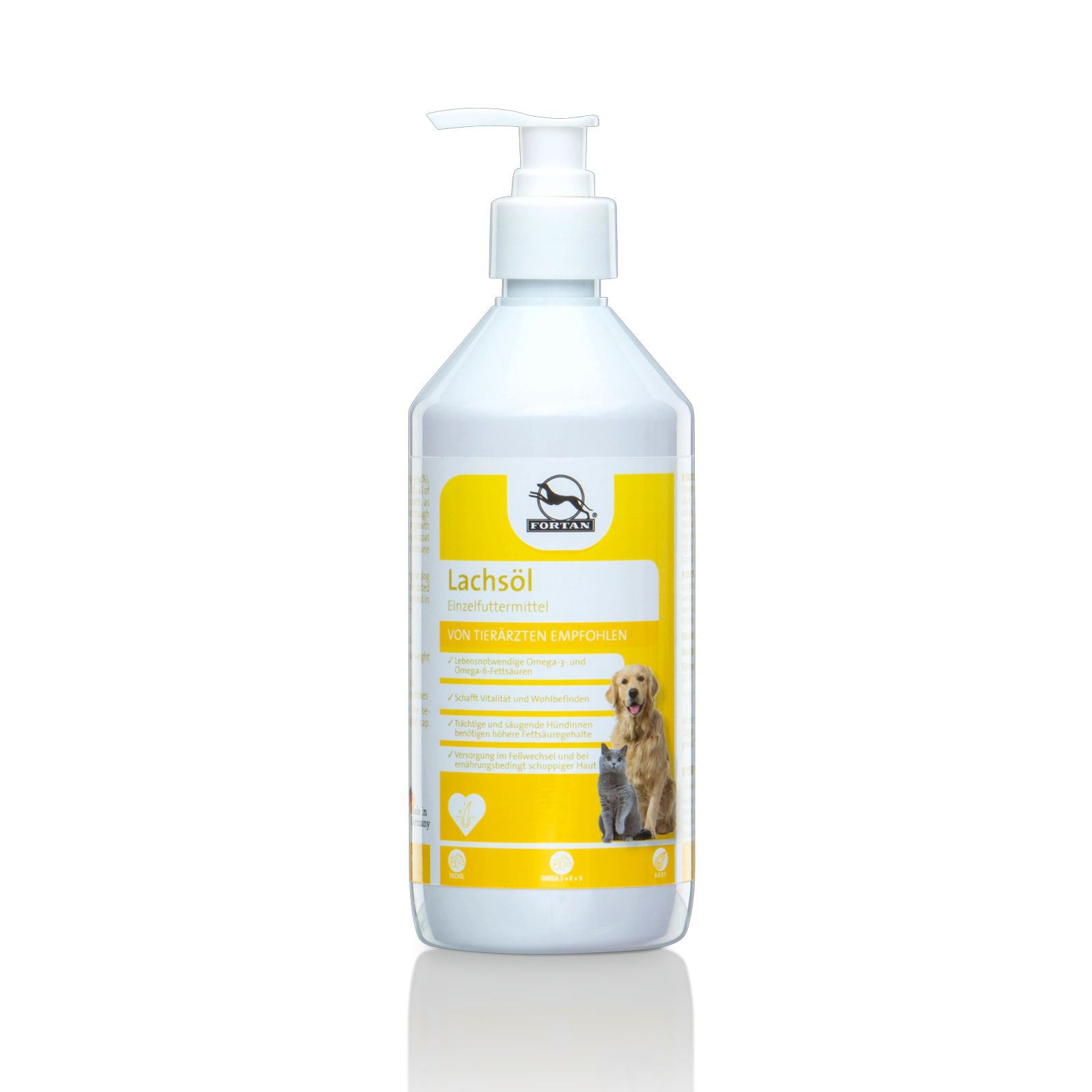 Flasche mit Dosierpumpe. Gelbes Etikett mit Produktname, Logo und Abbildung von Hund und Katze. Text: Lachsöl.