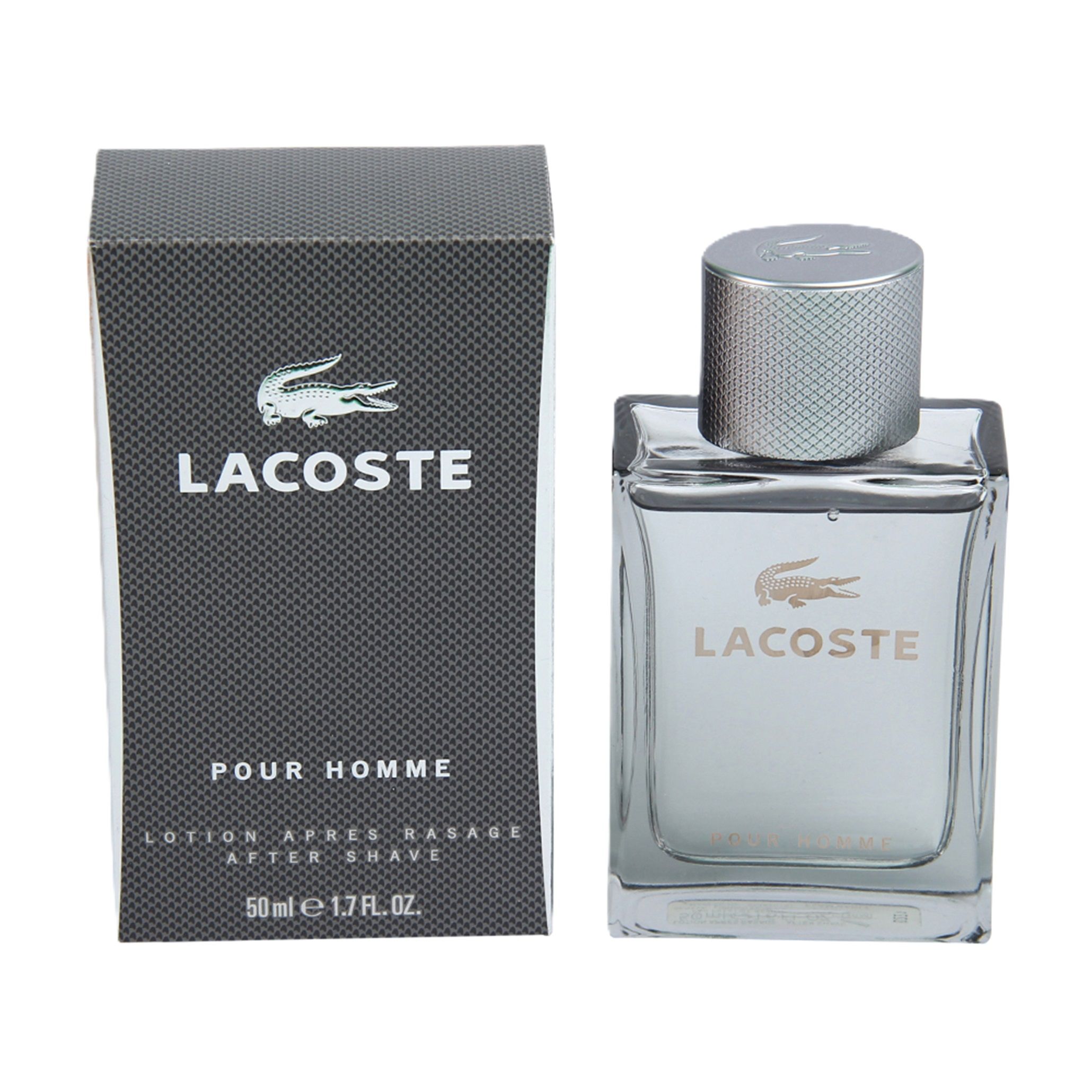 Graue Schachtel und Flakon. Aufschrift: Lacoste, Pour Homme, After Shave Lotion. Krokodil-Logo.