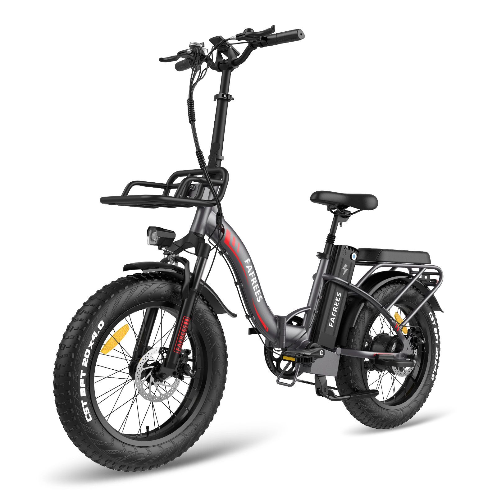 Faltbares E-Bike Fafrees F20 Max, grau mit roten Akzenten. Schwarze Reifen, Gepäckträger und Korb. Marke sichtbar.