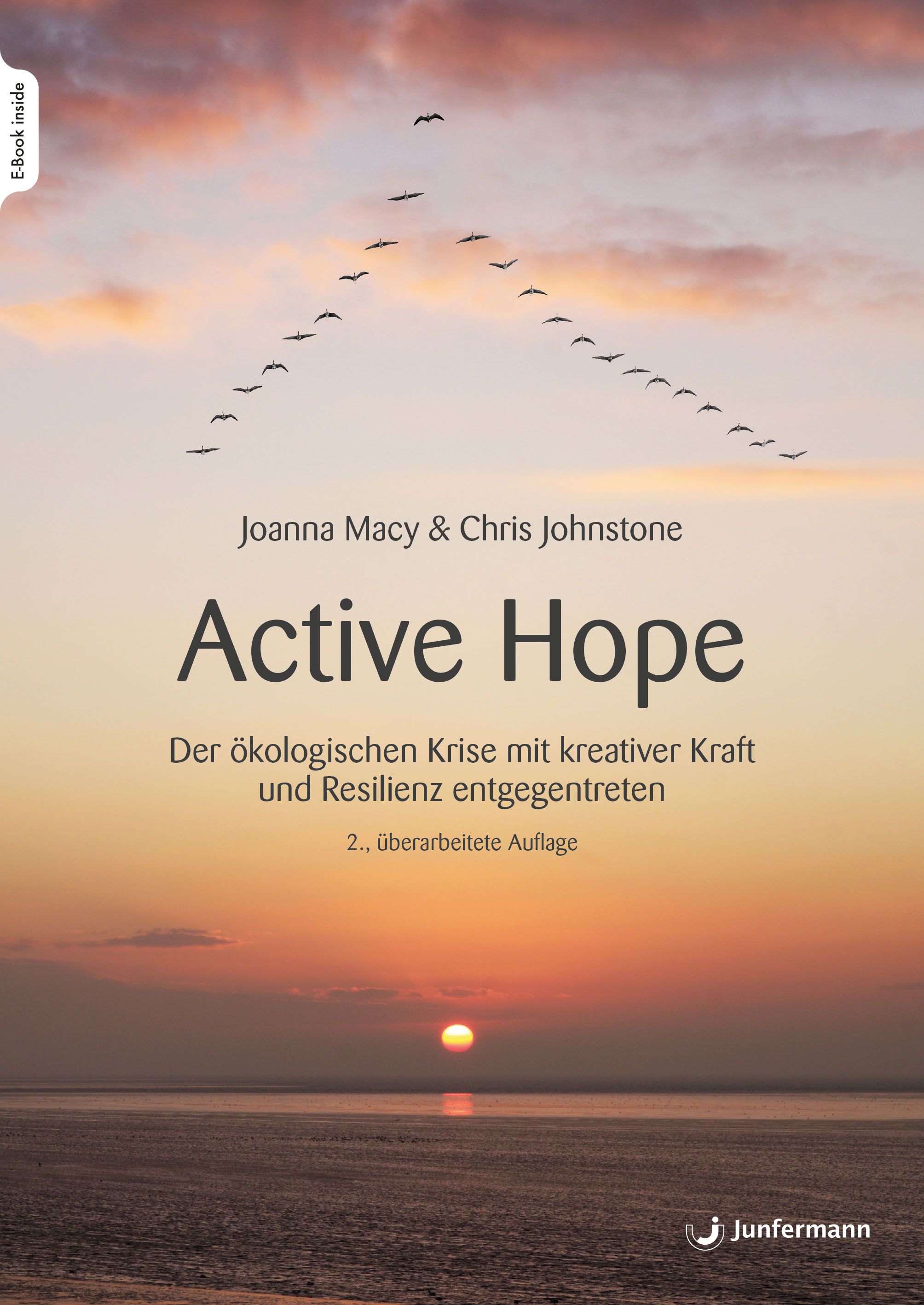Buchcover mit Titel Active Hope. Autoren: Joanna Macy & Chris Johnstone. Der Titel ist vor einem Sonnenuntergang und fliegenden Vögeln platziert.
