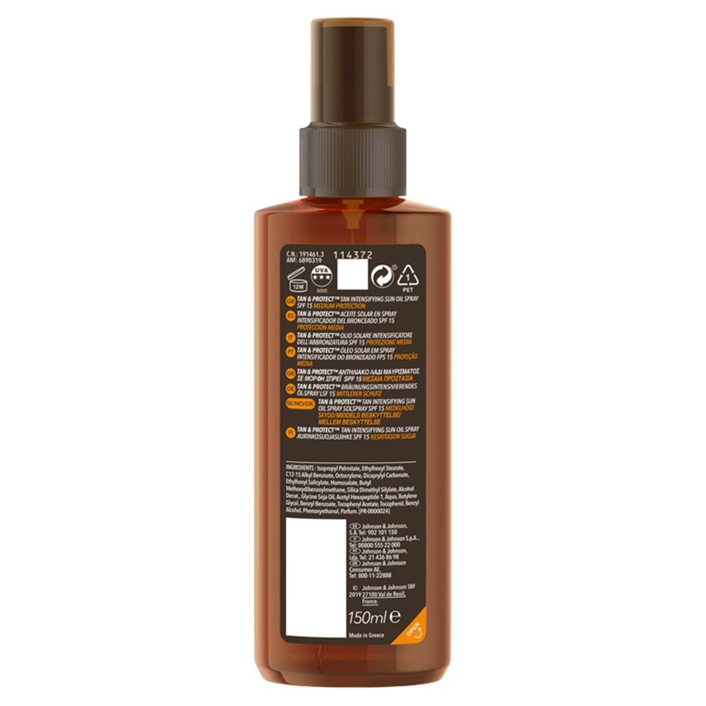 Braune Sprühflasche mit Text. Rückseite mit Produktinformationen und Logos.