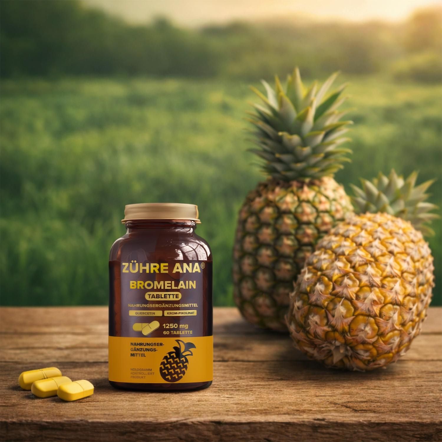 Zühre Ana Bromelain Flasche und Tabletten auf Holzoberfläche mit Ananas im Hintergrund.