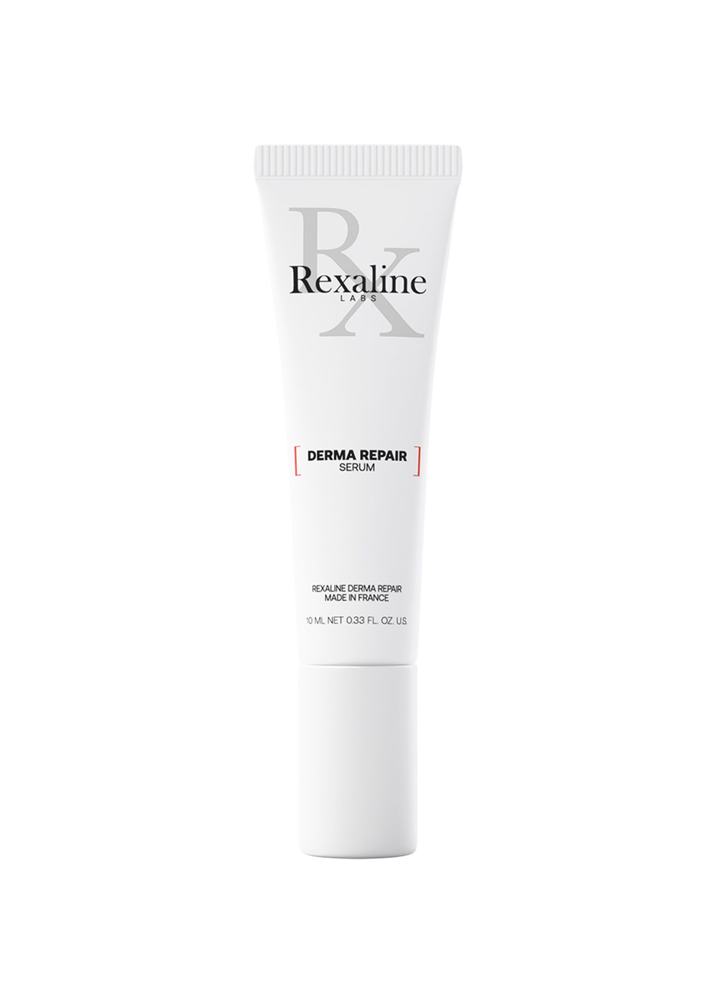 Weiße Tube mit Rexaline Derma Repair Serum. Grauer Schriftzug. Produktname und Volumenangabe. Hergestellt in Frankreich.