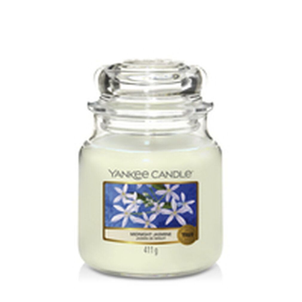 Yankee Candle Midnight Jasmine Duftkerze. Glasbehälter mit Deckel. Etikett mit Blumenmotiv und Produktnamen.