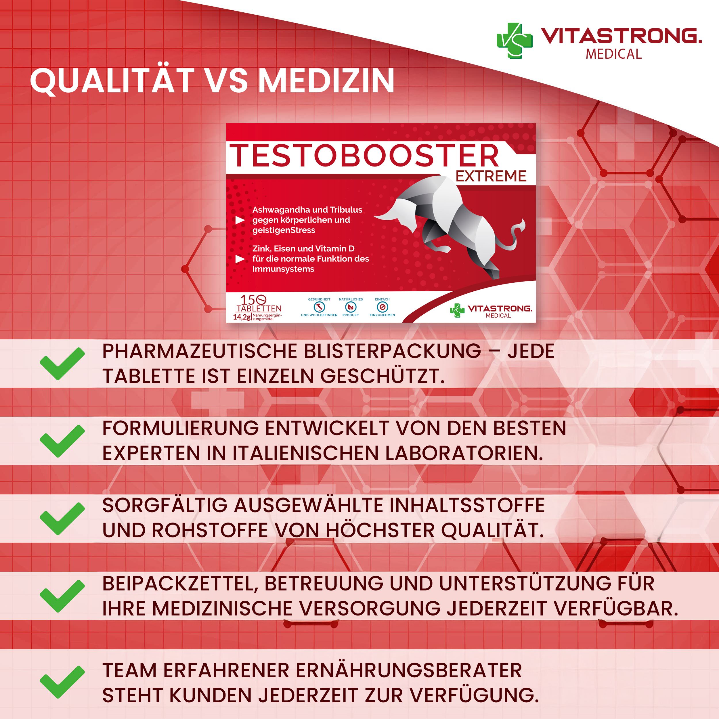 Verpackung Testobooster Extreme. 15 Tabletten. VS Medical Logo. Auf rotem Hintergrund.