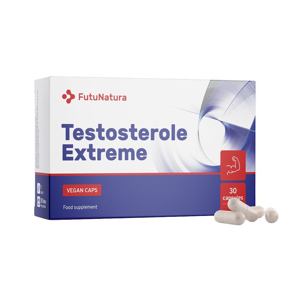Weiße Schachtel mit "FutuNatura Testosterole Extreme". Enthält 30 Kapseln. Einige Kapseln liegen daneben.