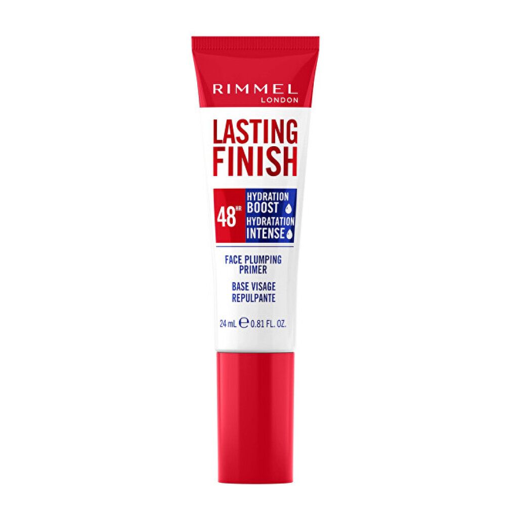 Rote und weiße Tube. Aufschrift: Rimmel London, Lasting Finish, Face Plumping Primer. 24 ml.