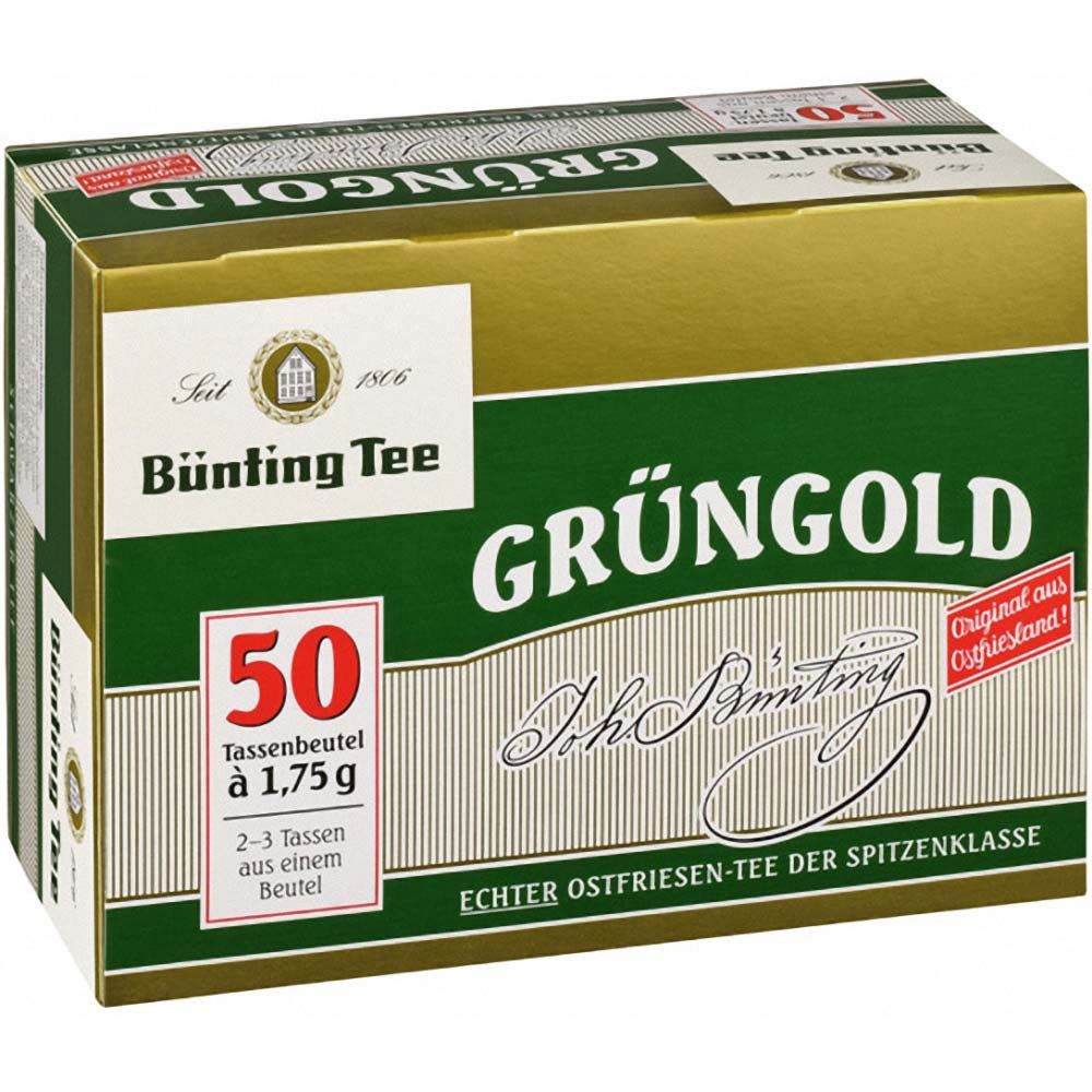 Grüngold Tee-Schachtel. 50 Teebeutel à 1,75g. Echter Ostfriesentee der Spitzenklasse. Bünting Tee.