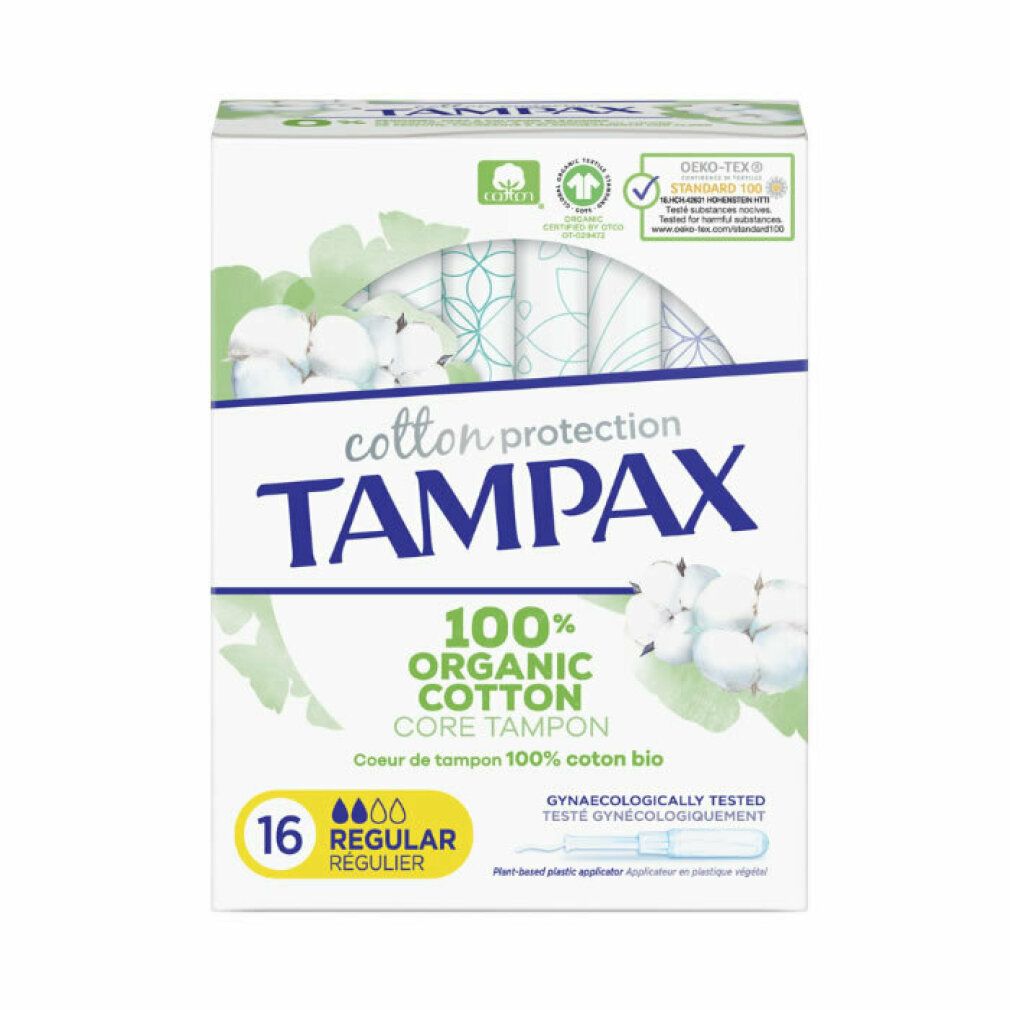 Verpackung mit Tampons. Marke TAMPAX, 100% Bio-Baumwolle, 16 Stück. Mit Zertifizierungen und Produktinformationen.