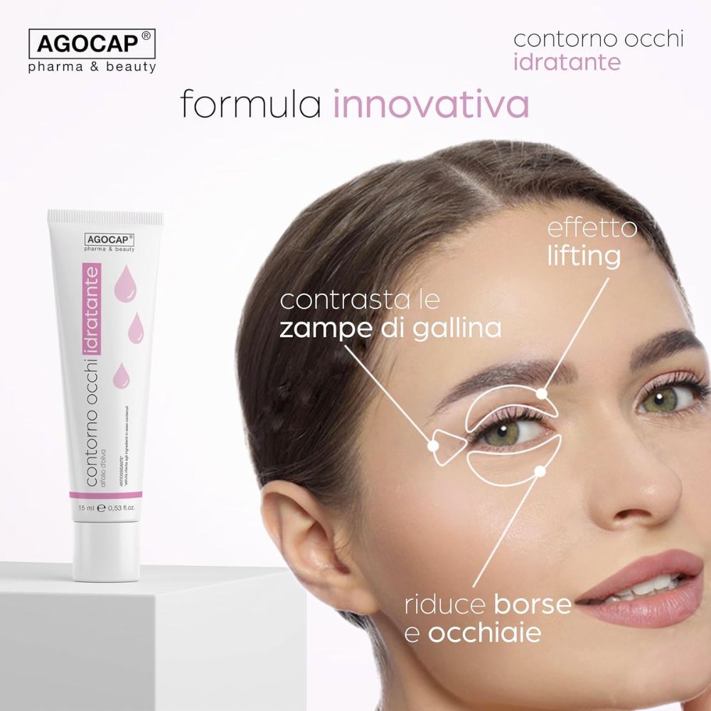 Frau mit Produkt. Produkt: Contorno occhi idratante. Marke: Agocap. Text: Formula innovativa.