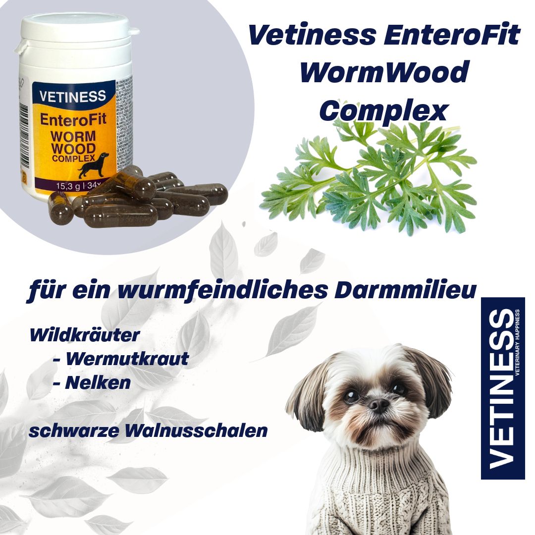 Weiße Dose mit Kapseln, daneben Kapseln. Text: Vetiness EnteroFit WormWood Complex. Kräuter, Hund. Text: für ein wurmfeindliches Darmmilieu. Logo.