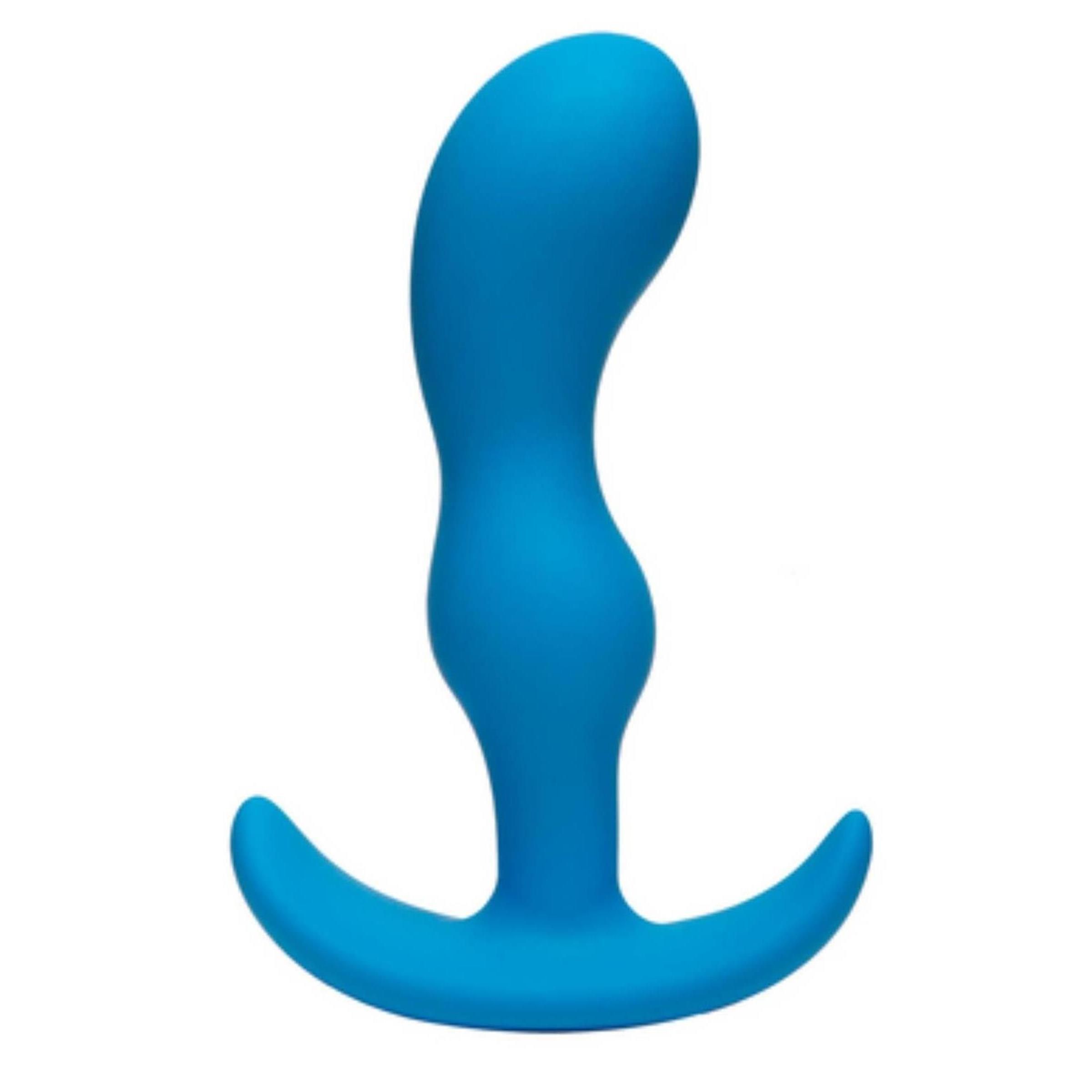 Blauer Analplug aus Silikon. Form mit gebogener Spitze und T-förmiger Basis. Glatte Oberfläche.