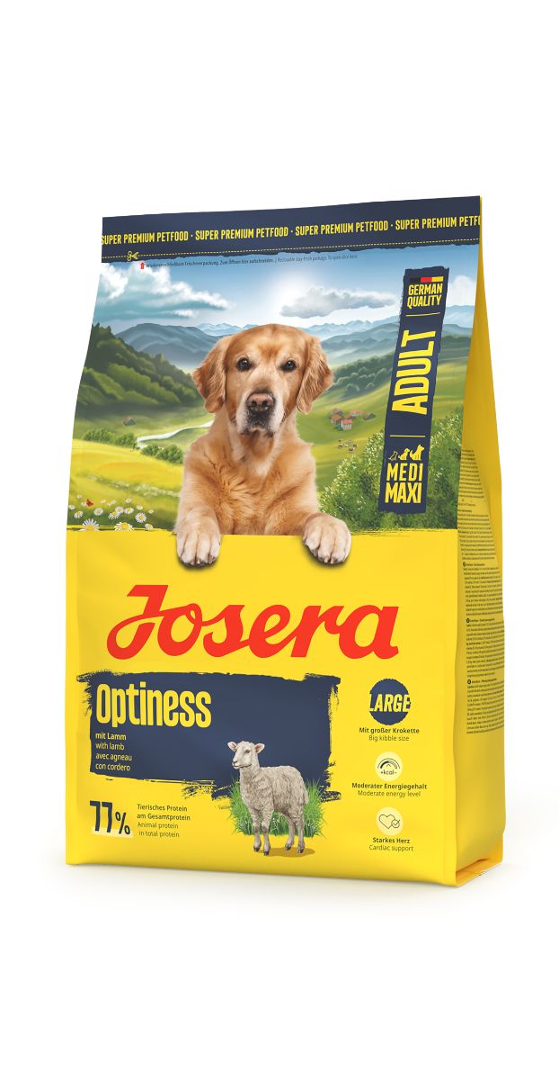 Gelbe Verpackung mit Hund und Lamm. Aufschrift: JOSERA Optiness, Adult, Medi Maxi, Large. 77% tierische Proteine.