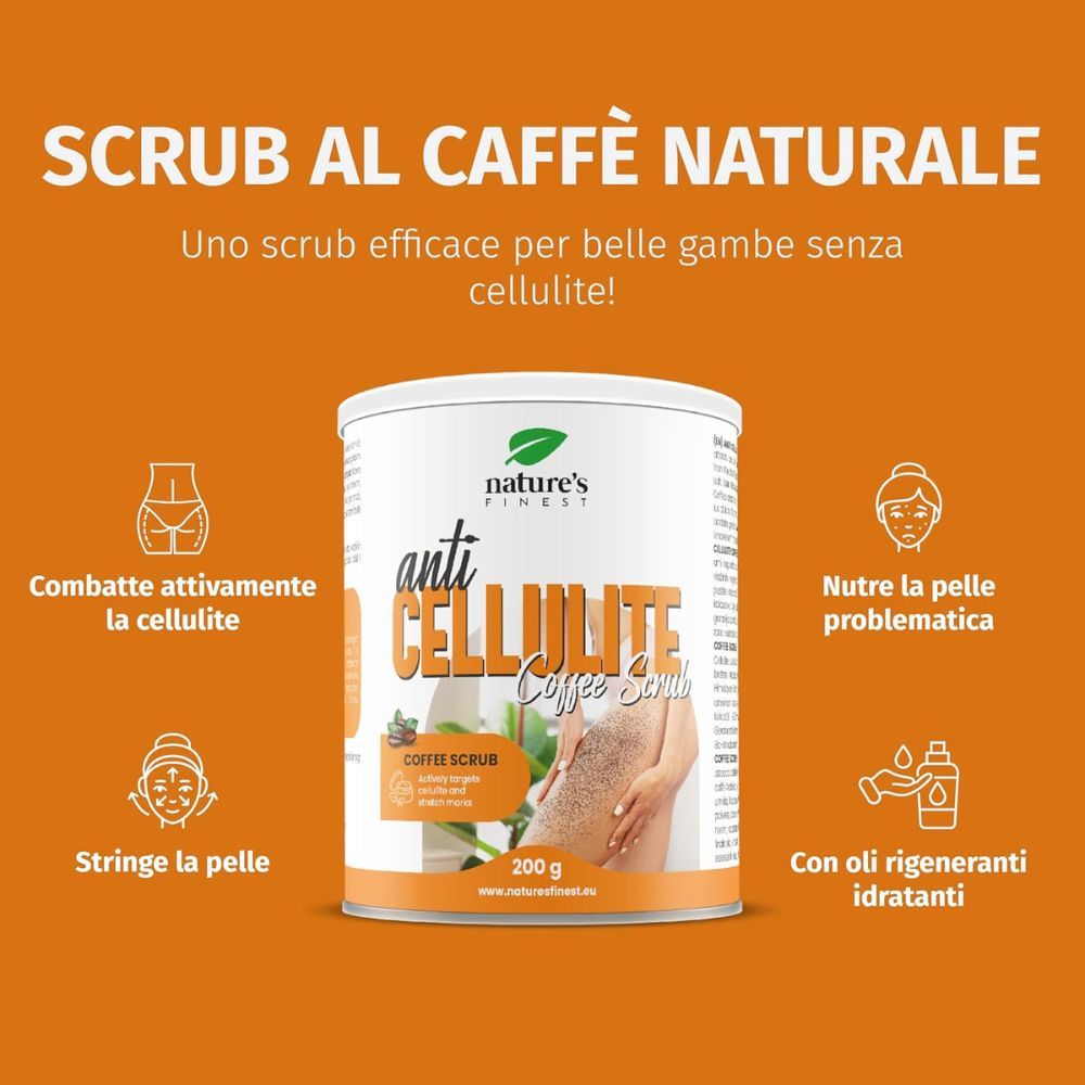Werbebild mit Dose Anti-Cellulite-Kaffee-Peeling. Illustrationen: Cellulite-Reduzierung, Hautstraffung, Hautpflege, feuchtigkeitsspendende Öle.