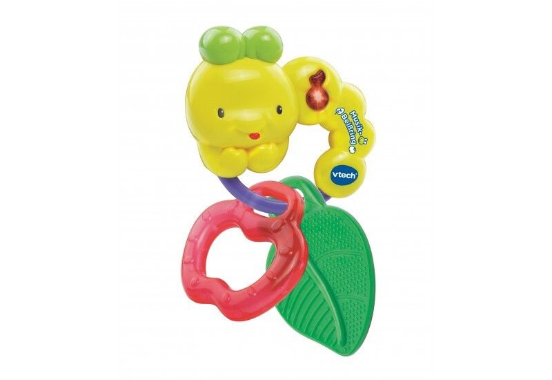 Gelber Beißring mit Raupenkopf, rotem Herz und grünem Blatt. Mit Musik-Beißring Schriftzug und VTech Logo.
