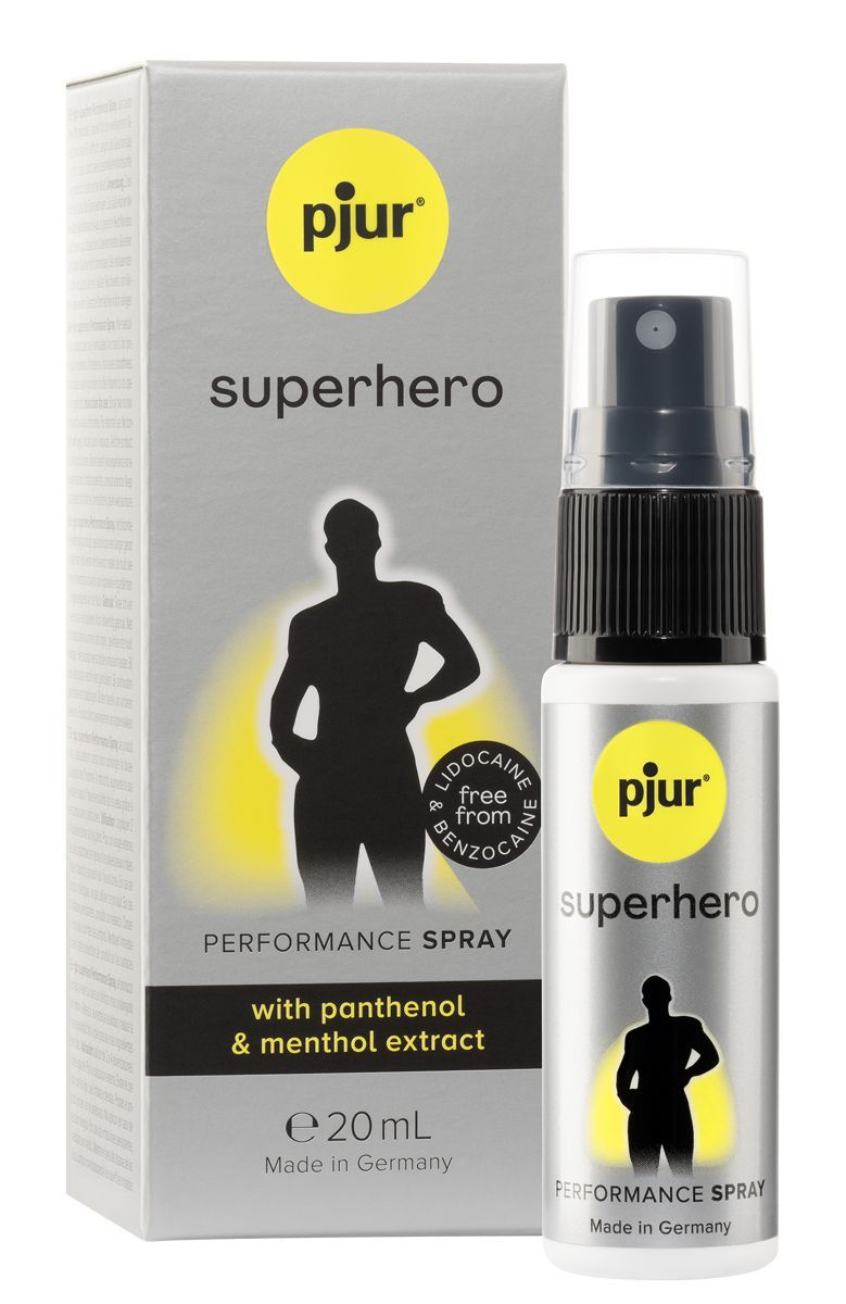 Produktverpackung und Flasche. Flasche: weiß, schwarz, gelb, Text 'pjur superhero spray'. Verpackung: grau, gelb, Text 'superhero'.