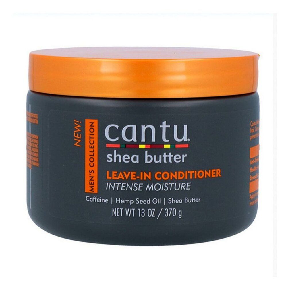 Dunkelgrauer Tiegel mit orangefarbenem Deckel. Aufschrift: Cantu Shea Butter Leave-In Conditioner. Text: Intense Moisture, Men's Collection.