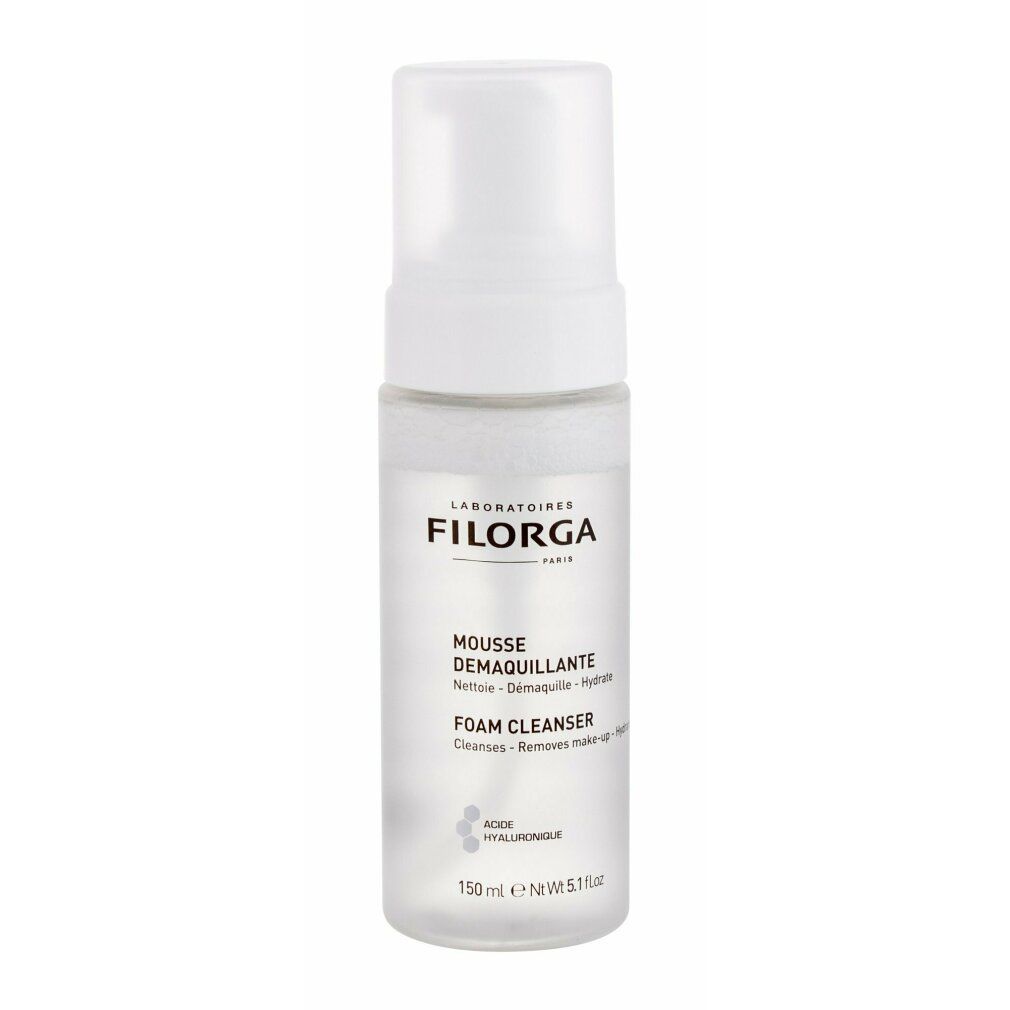 Flacone bianco Filorga Essentials Mousse Demaquillante. Testo: Mousse Demaquillante, Foam Cleanser. 150 ml. Per viso e occhi.