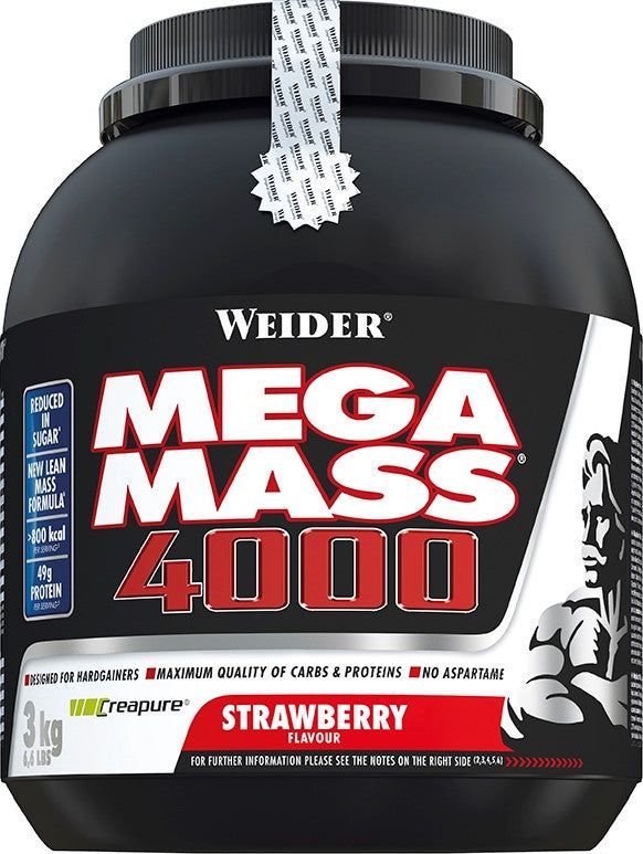 Weider Mega Mass 4000, 3kg Erdbeere. Schwarzer Behälter mit Etikett und Siegel.
