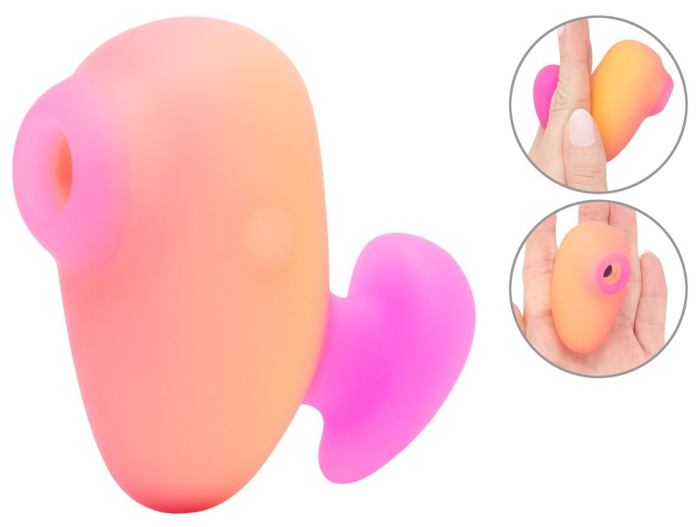 Rosa-gelbes Gerät mit Herzform. Zwei kleinere Bilder zeigen die Handhabung. Sichtbare Merkmale: Öffnung, Herzform.