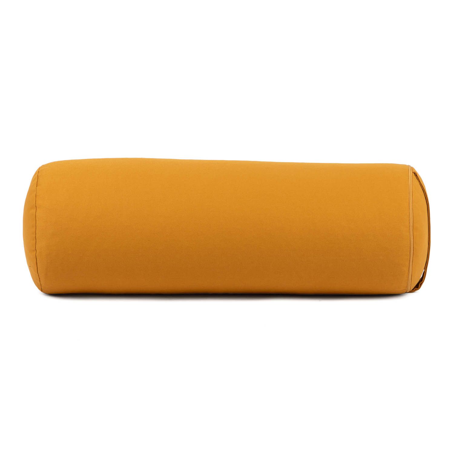 Gelbes Yoga-Bolster, zylindrisch. Aus Stoff, mit abgerundeten Enden.