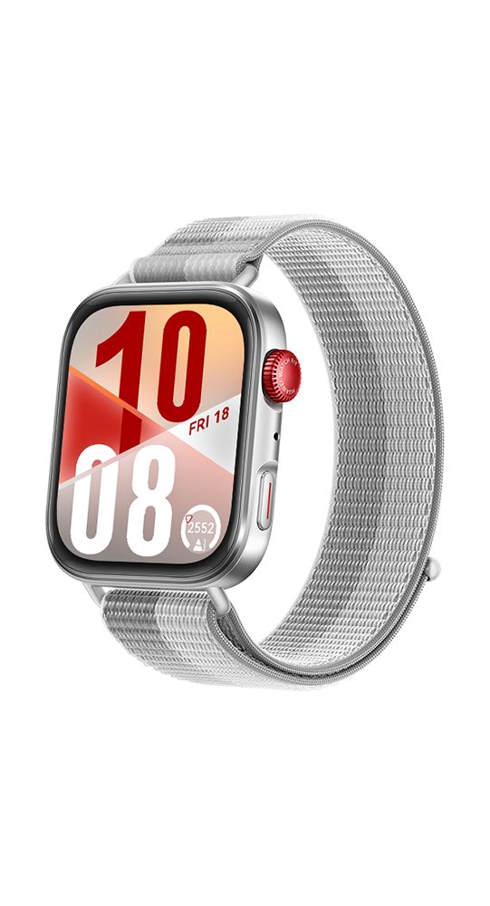 Smartwatch mit grauem Stoffarmband. Rotes Detail am Knopf. Digitalanzeige mit Datum und Uhrzeit. Silbernes Gehäuse.