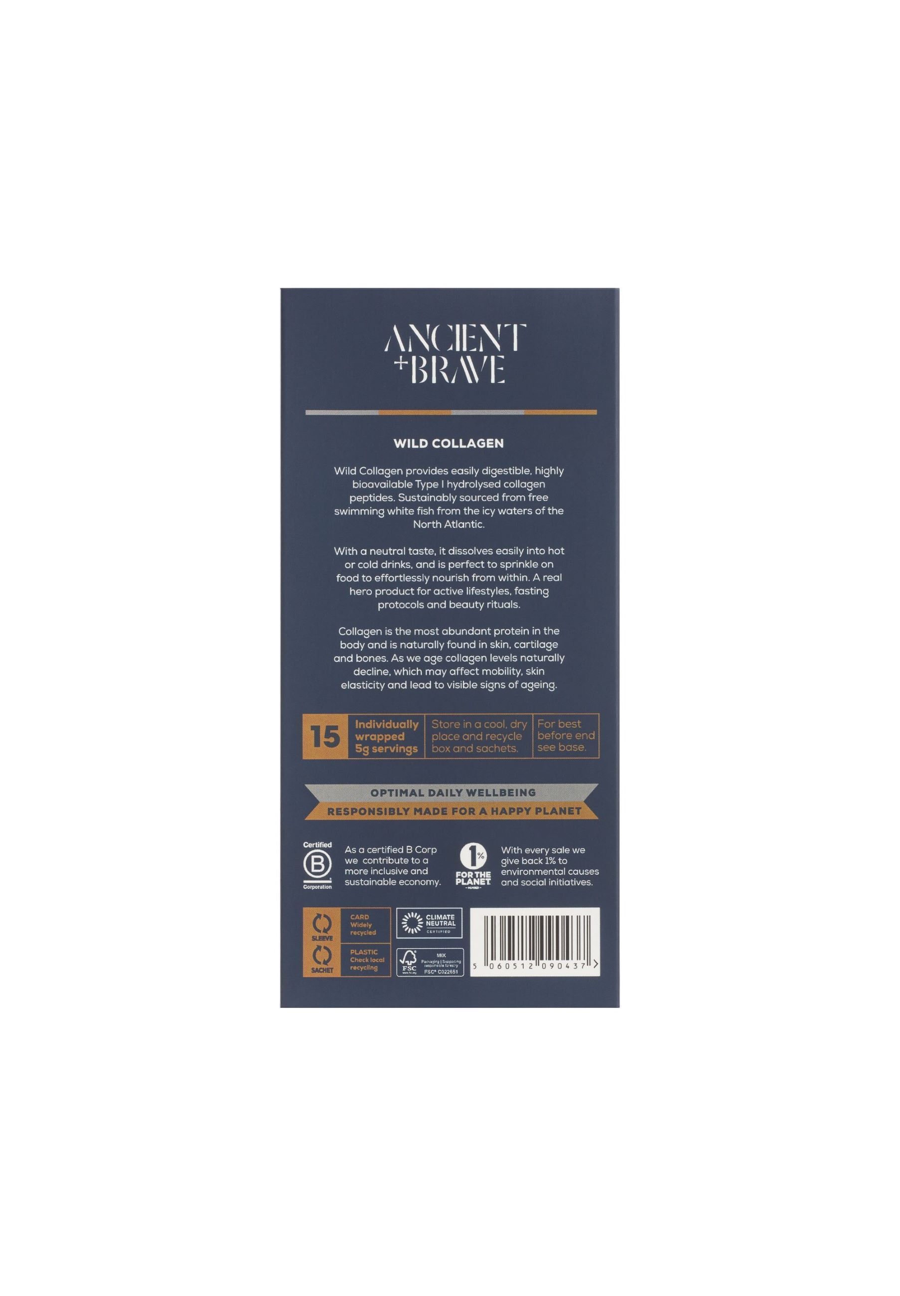 Rückseite der dunkelblauen Schachtel. Text mit Produktinformationen und Zertifizierungen. "ANCIENT + BRAVE Wild Collagen".