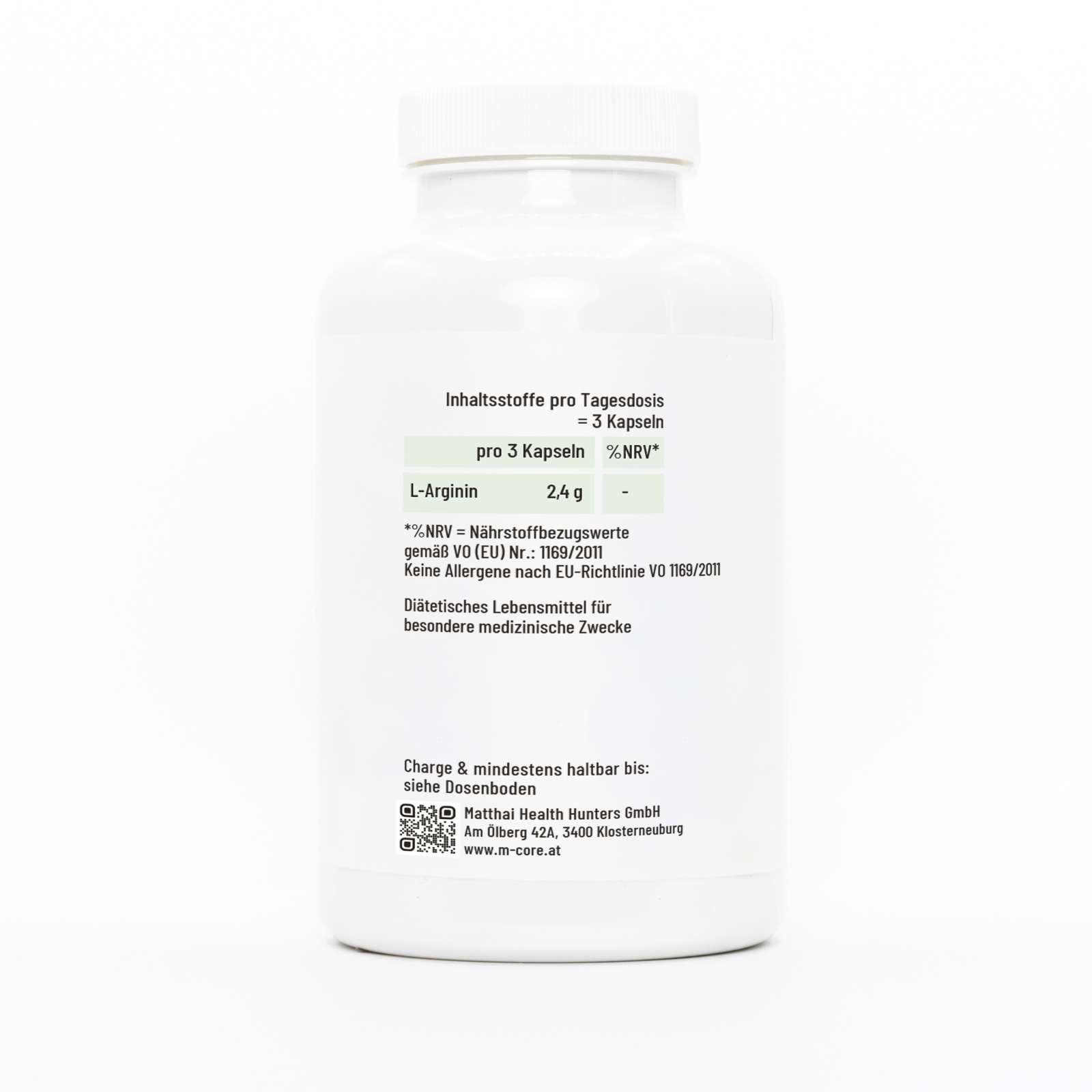 Rückseite der weißen Flasche mit Informationen. L-Arginin, 2,4g pro 3 Kapseln. Nährwertangaben. Herstellerinformationen und QR-Code.
