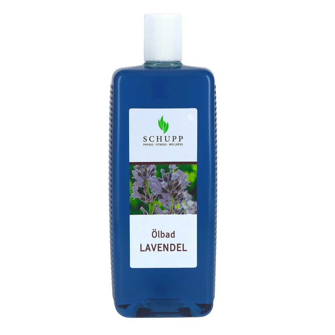 Blaue Flasche mit weißem Etikett. Etikett mit Logo, Lavendel-Abbildung und Schriftzug "Ölbad Lavendel".