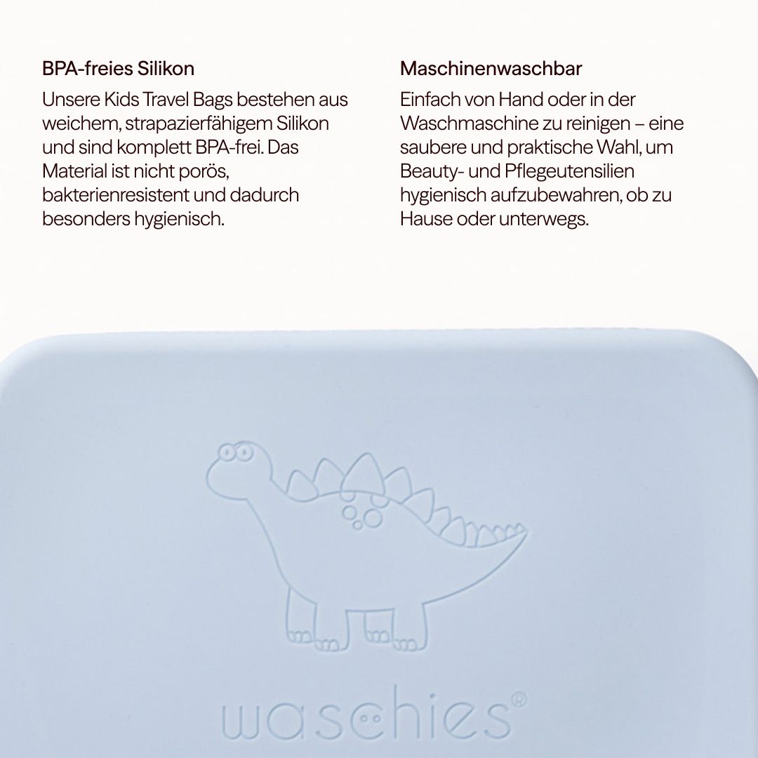Hellblaue Tasche mit Dinosaurier-Motiv und Schriftzug "waschies". Text: BPA-freies Silikon, maschinenwaschbar.