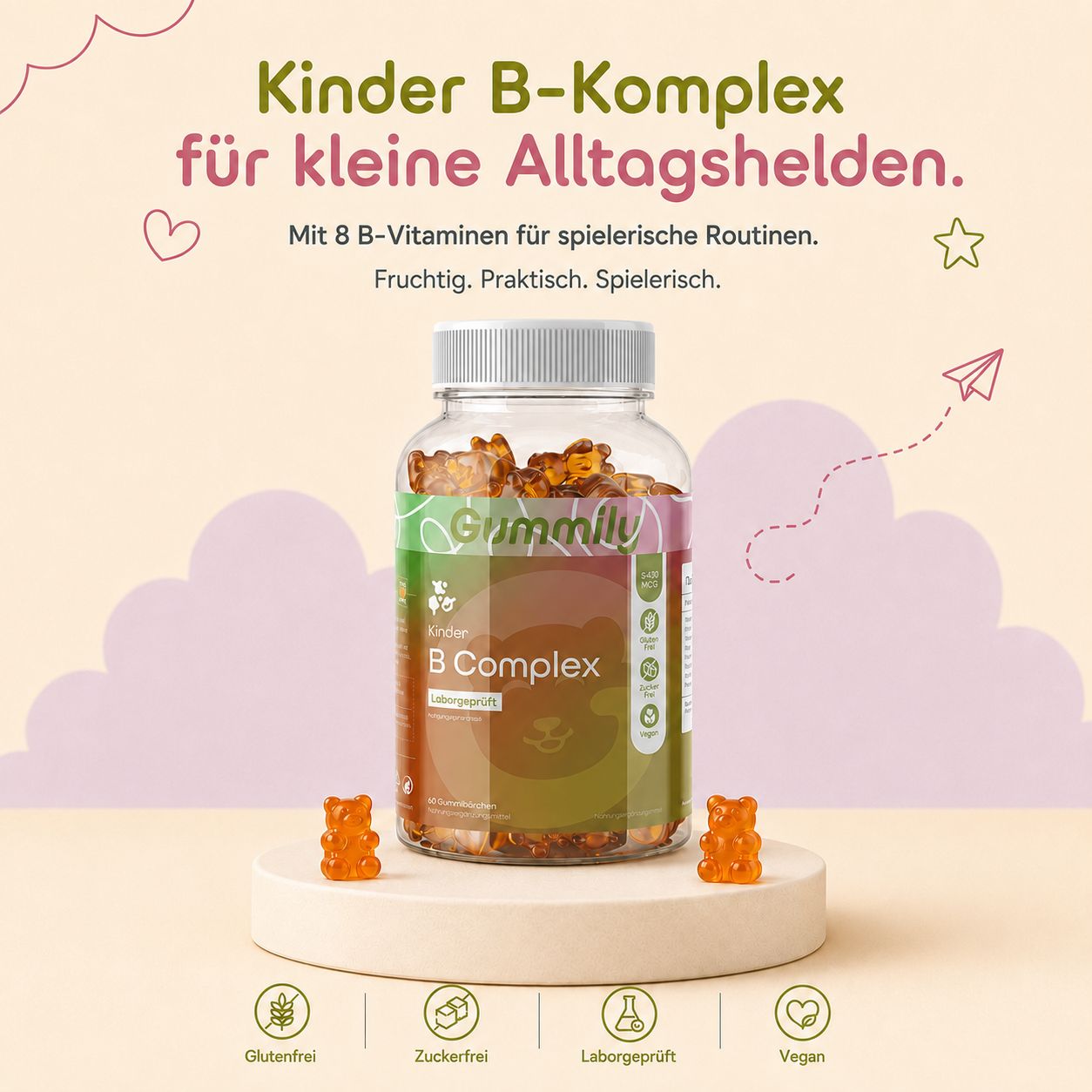 Gummily Kinder B Complex Gummibärchen auf einem Podest. Zwei Bären-Gummibärchen daneben. Icons: Glutenfrei, Zuckerfrei, Laborgeprüft, Vegan.