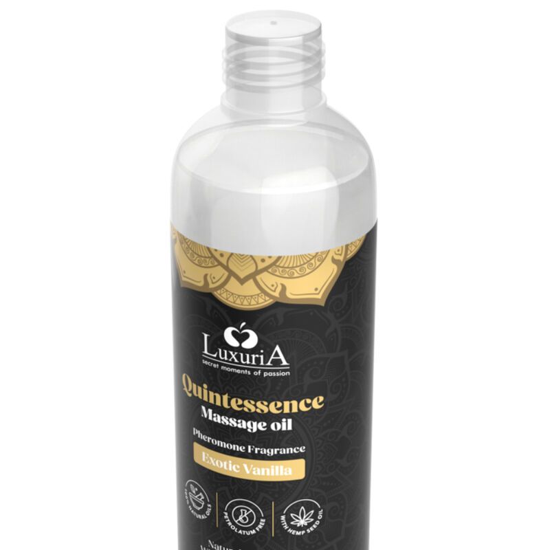Massageölflasche mit "Quintessence Massage oil" und "Exotic Vanilla" Aufschrift.