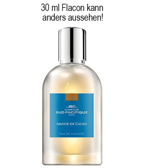 Parfümflakon mit silbernem Verschluss. Blaues Etikett mit Text: Comptoir Sud Pacifique, Amour de Cacao, Eau de Toilette.