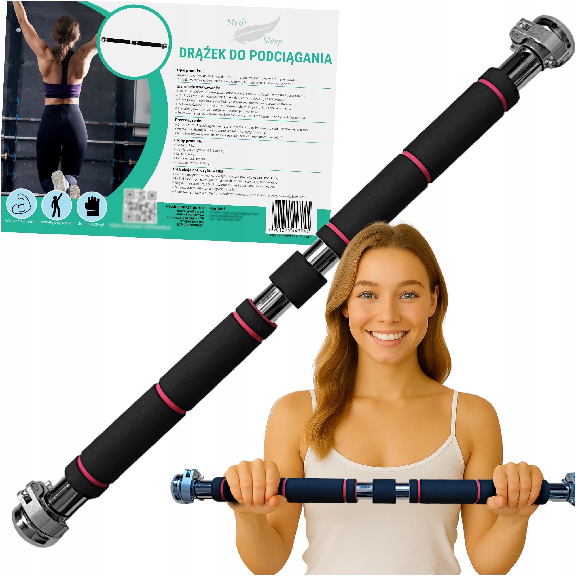 Medi Sleep Klimmzugstange für Türrahmen 62–100 cm ohne Bohren 1 St
