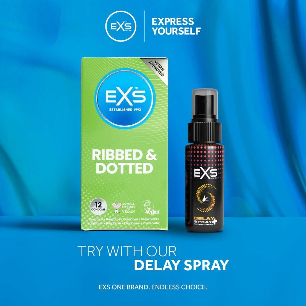 EXS Ribbed & Dotted Kondome und Delay Spray. Blaue und grüne Hintergrund.