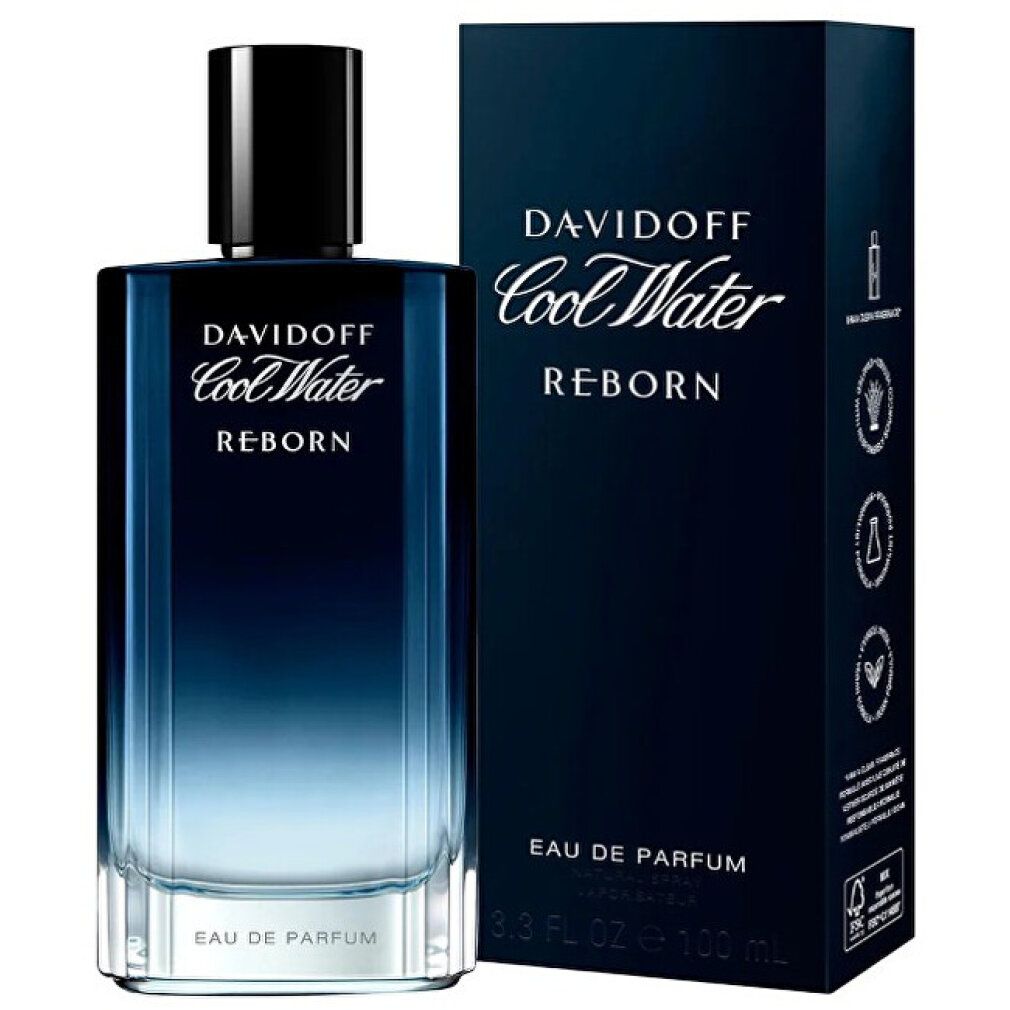 Davidoff Cool Water Reborn Eau de Parfum Flakon und Schachtel. Dunkelblaue Verpackung, 100 ml.