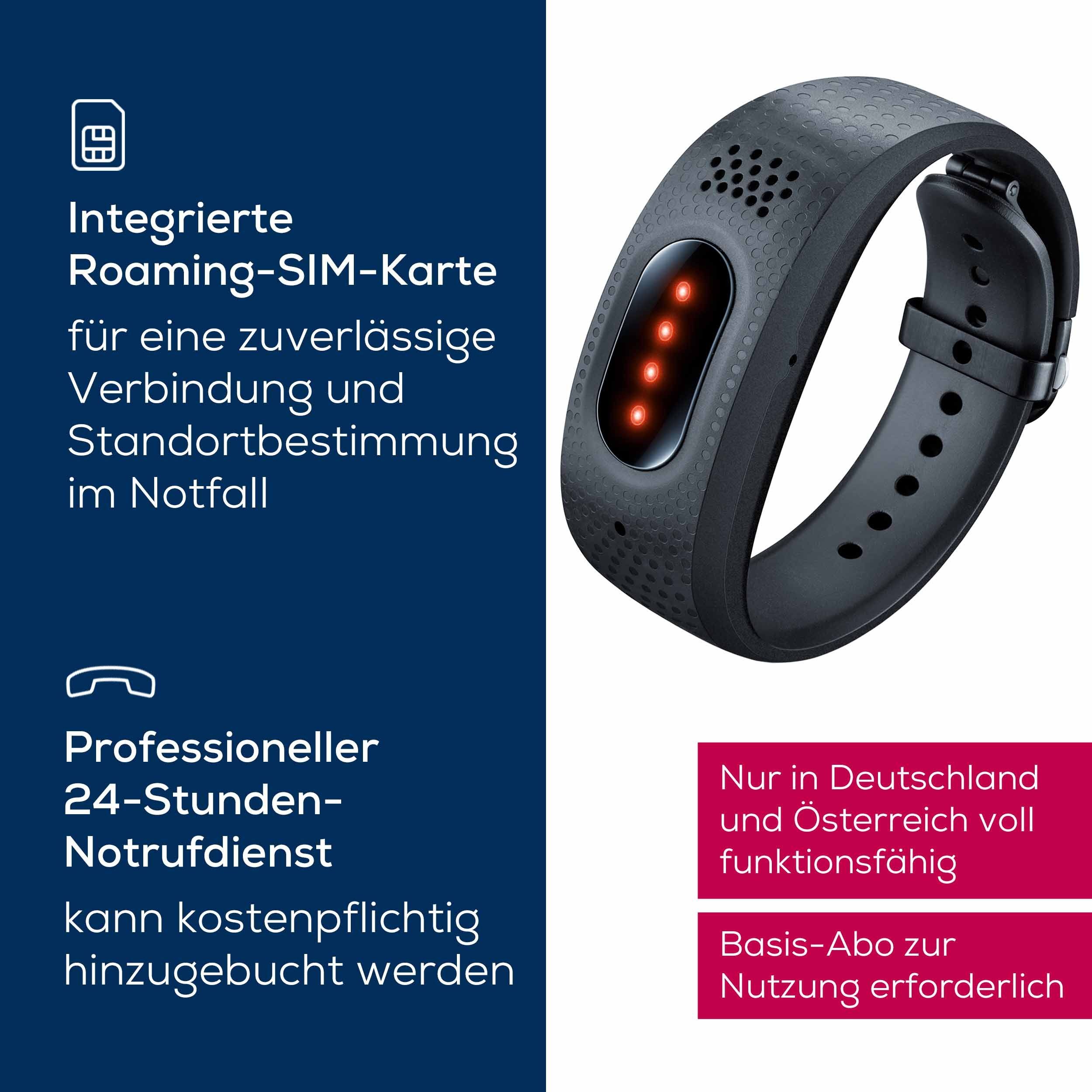 Schwarzes Notrufarmband mit roter Anzeige. Text: Integrierte Roaming-SIM-Karte. Professioneller 24-Stunden-Notruf.