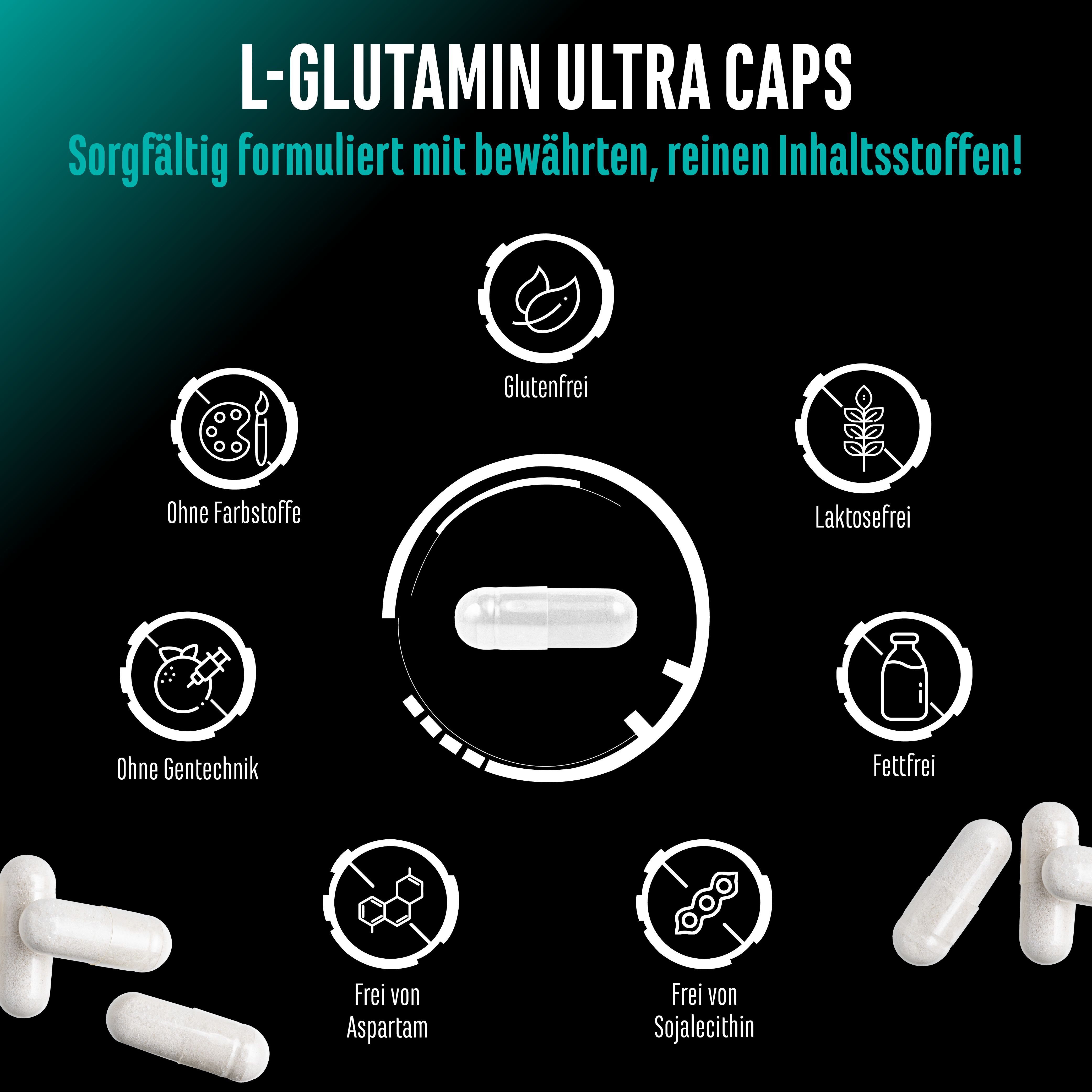 Schwarzer Hintergrund mit weißen Kapseln und Symbolen. Glutenfrei, ohne Farbstoffe, laktosefrei, ohne Gentechnik, frei von Aspartam, Sojalecithin.