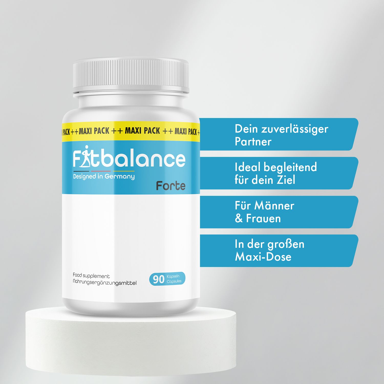 Weiße Flasche mit blauem Etikett. Aufschrift: Fitbalance Forte, 90 Kapseln. Maxi Pack. Deckel weiß. Auf Podest. Text: Dein zuverlässiger Partner.