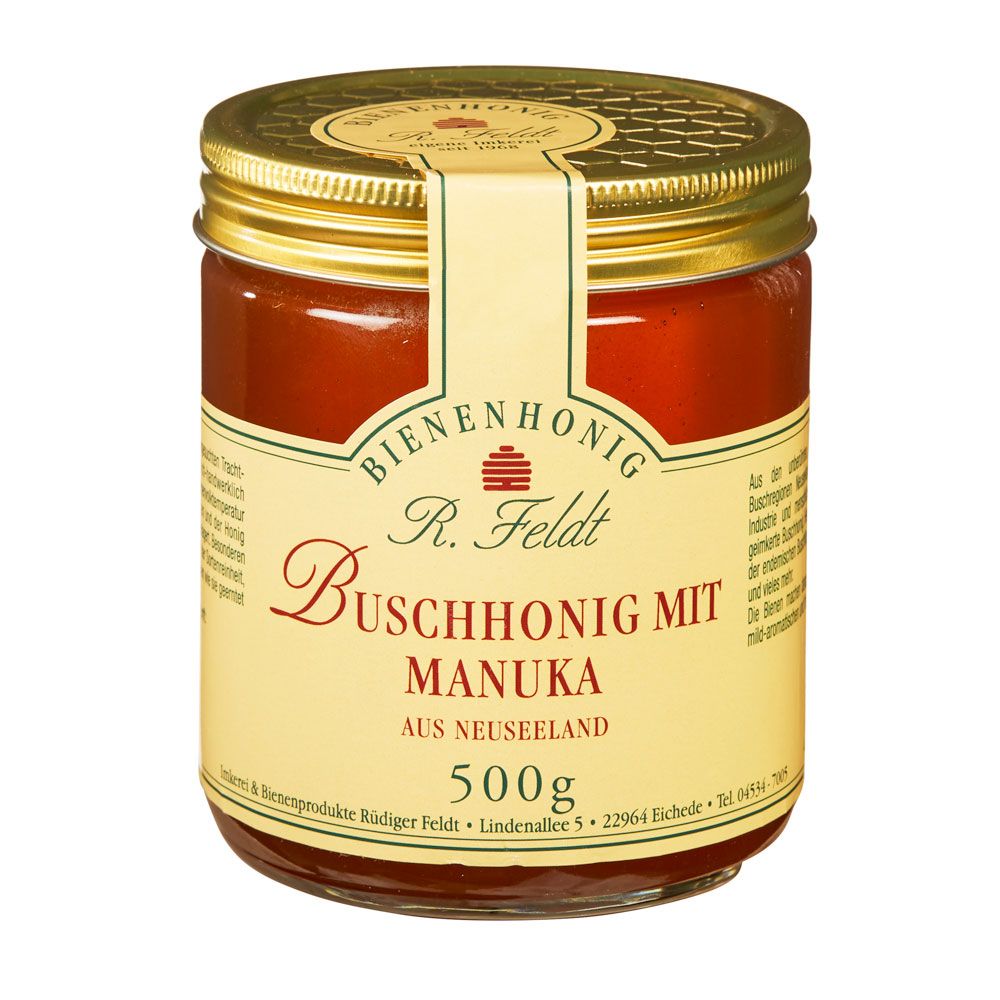 Glas Honig mit goldenem Deckel und Etikett. Aufschrift: Buschhonig mit Manuka aus Neuseeland. 500g.