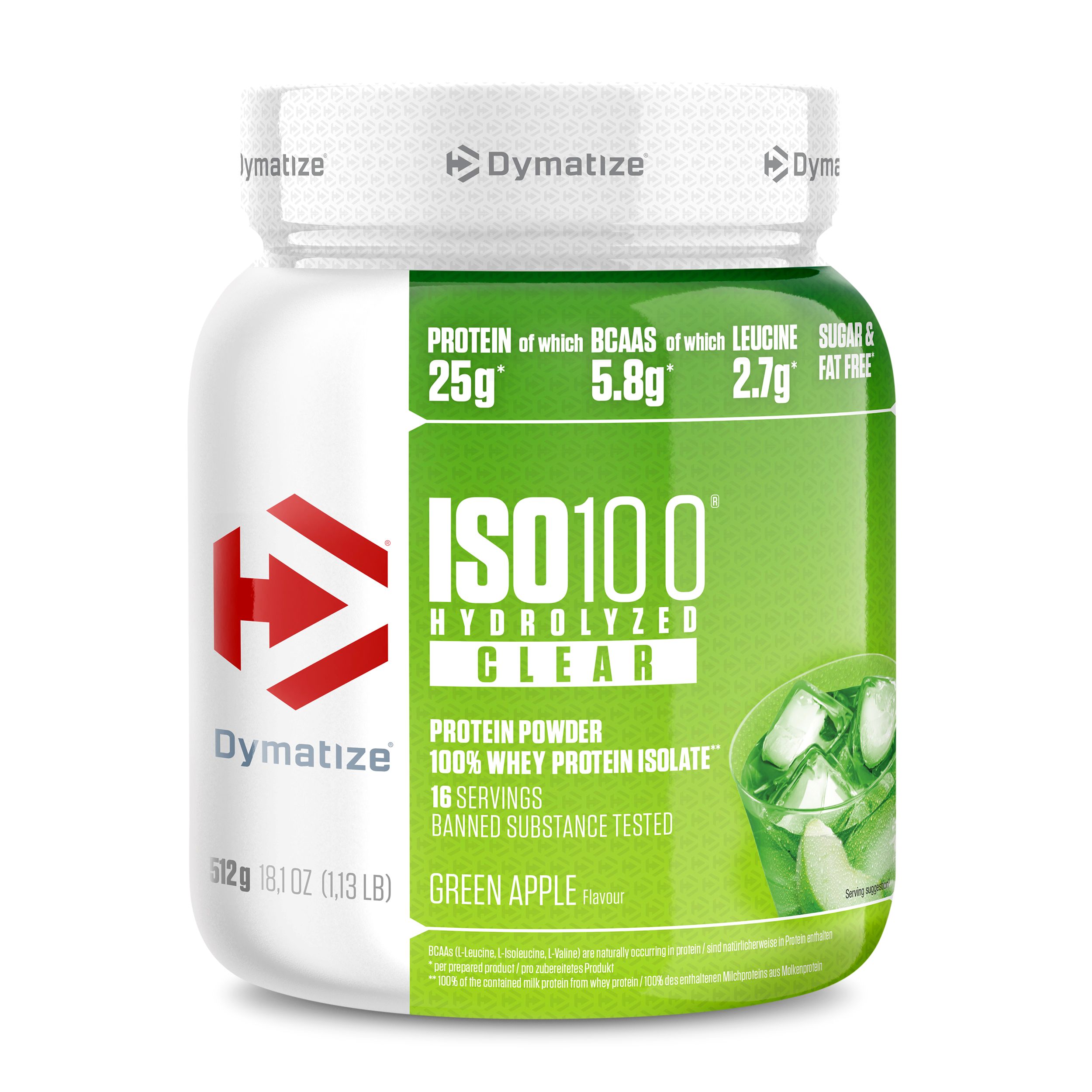 Dymatize ISO 100 Hydrolized Clear Green Apple. Weiße Dose mit grüner Beschriftung. Produktinformationen.