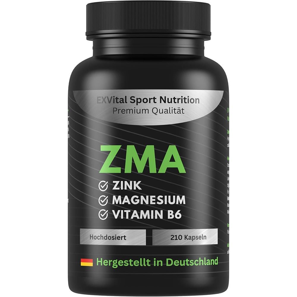 Schwarze Flasche mit ZMA-Kapseln. Aufschrift: Zink, Magnesium, Vitamin B6. Hergestellt in Deutschland. 210 Kapseln.