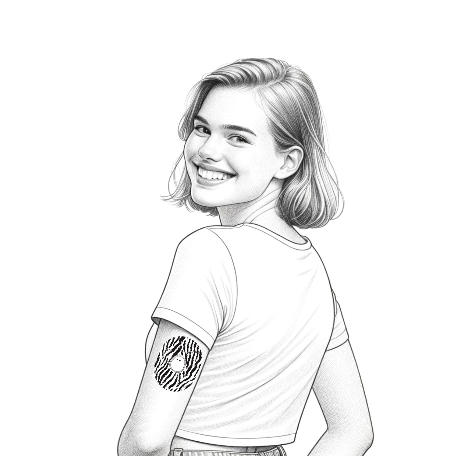 Junge Frau mit einem runden Tattoo mit Zebramuster am Oberarm.